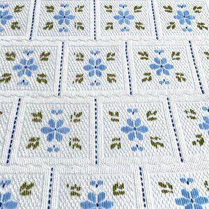 Vintage Chenille Bedspread Coverlet Floral Throw White Blue Green Fringe 60x50